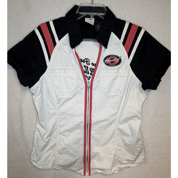 Harley-Davidson Tops - Vintage Harley Davidson Womens XL Spell Out Striped Full Zip Mechanic Shirt